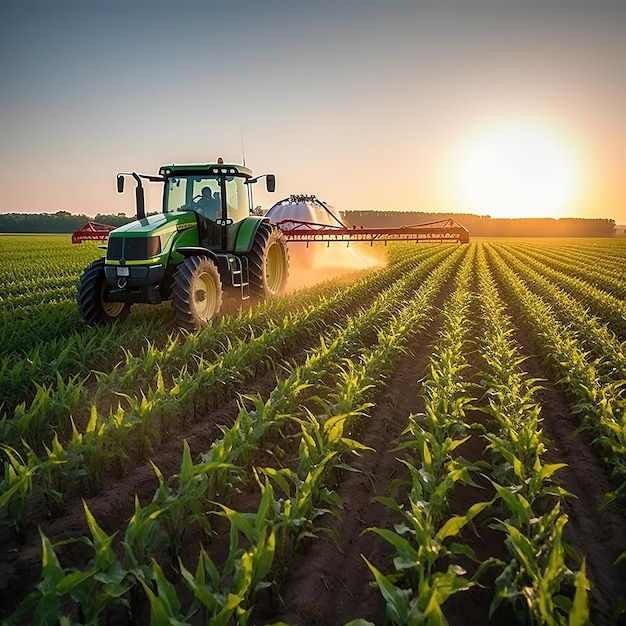 a tractor is spraying a field with a sprayer on it premium ai generated image